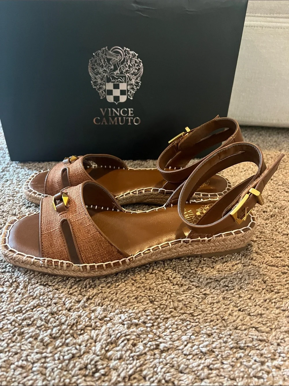 Vince Camuto Mariah Tan Brown Leather Ankle-Strap Espadrille Sandals
